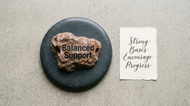 Balanced support text on a brown stone resting on a dark pebble next to a note saying strong bases encourage progress on a stone background, perfect for business growth and mental stability concepts..