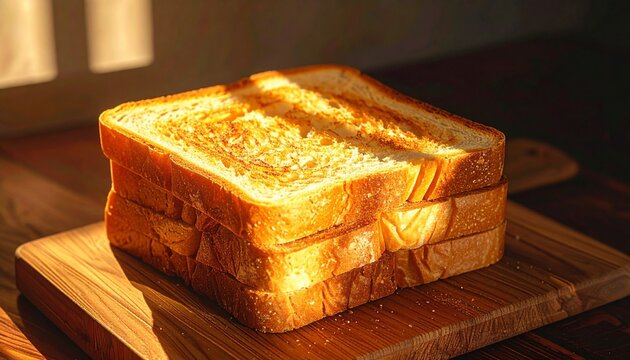 Close-up of freshly baked toasted bread slices stacked on a wooden cutting board with warm lighting and dark background rustic