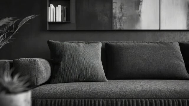 The showcases a stylish living room setting featuring a black couch adorned with patterned pillows against the backdrop of contemporary artwork.