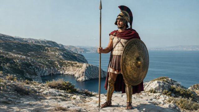 A historical greek hoplite warrior holding a spear and shield wearing a bronze helmet standing on a rocky cliff.