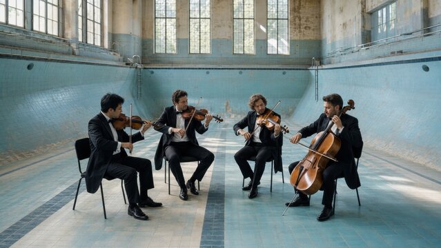 Four musicians playing string classical music quartet inside an empty tiled pool wearing formal suits.