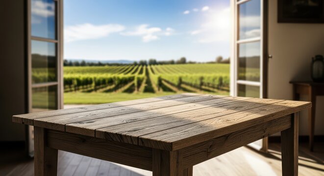 Serene scene of a rustic room with a view of vibrant vineyards, creating a peaceful, inviting atmosphere.