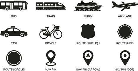 Global travel transit navigation glyph icons collection showing commercial airplanes commuter buses trains delivery taxis cruise ferries and map tracking pointers © Rakib