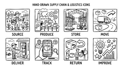 Fototapeta premium Hand drawn supply chain logistics icons source produce store move deliver track return improve, black ink sketch vector illustration