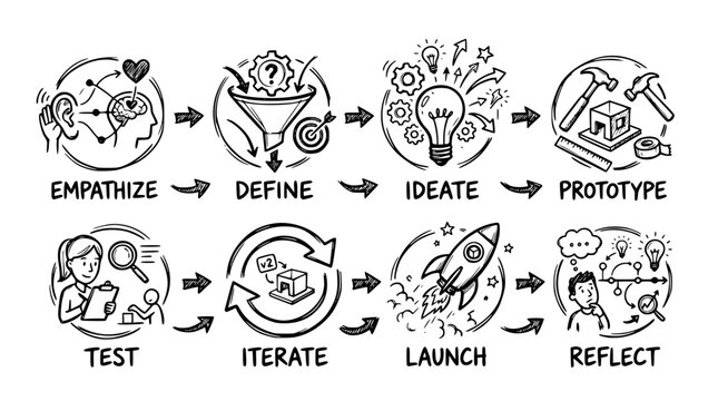 Hand drawn innovation design thinking icons empathize define ideate prototype test iterate launch reflect, black ink sketch vector illustration
