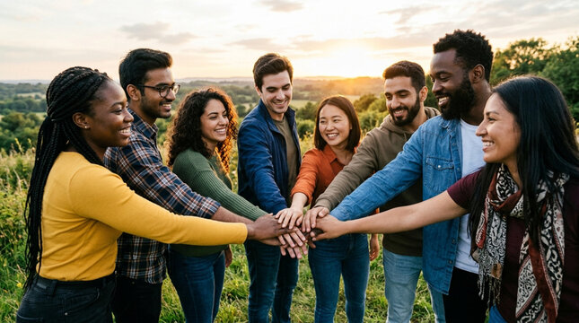 Diverse team unity, hands stacked together outdoors at sunset, joy and collaboration