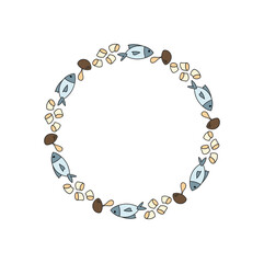 Naklejka premium Round frame with cute color sketch symbol, nature and adventure element for travel theme. Doodle camp inspiration, tourist graphic in hand outline style, perfect for hiking, trip, or holiday.