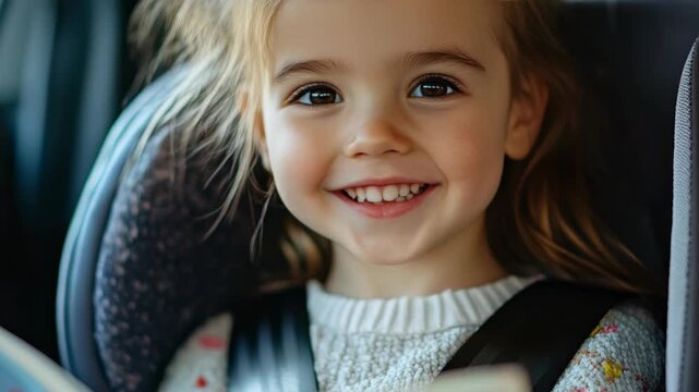 Young girl smiling with joy and contentment while sitting in a car safety harness.