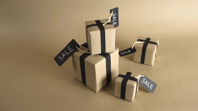 Panning shot of stacked cardboard gift boxes with black ribbons and sale tags, symbolizing shopping promotions for special events like Black Friday, Cyber Monday, or seasonal discounts