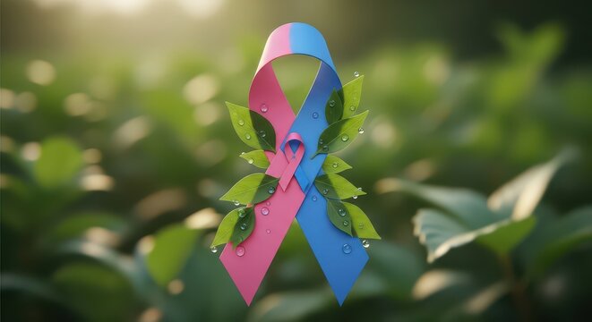 Vivid awareness ribbon representing health awareness, support, and advocacy in a natural outdoor setting.