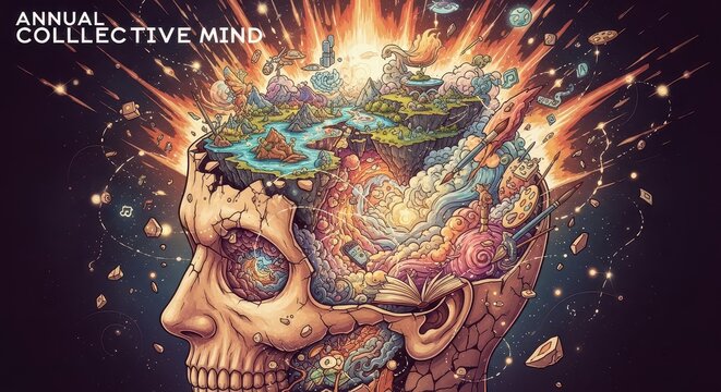 Vivid artistic depiction of a skull with an explosion of colorful ideas, symbolizing creativity and mental energy.