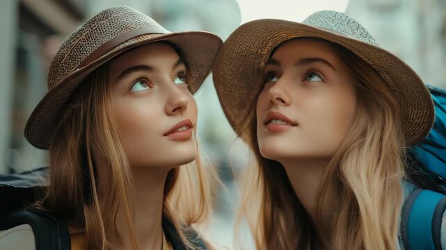 Two women stand in mirrored poses, each donning straw hats and embodying the essence of wanderlust.