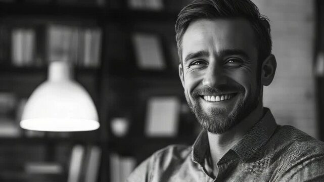 Black and white portrait of smiling man. Bookshelves loom softly in background. Warm lamp glows beside him. Casual shirt adds understated charm. Natural, friendly expression draws viewer in