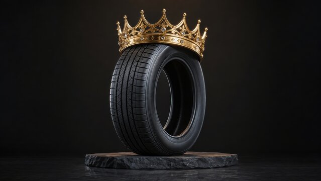 A tire wearing a gold crown adorned with a diamond resting on a stone pedestal.