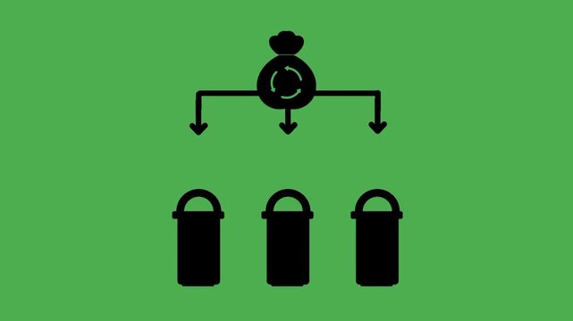 Waste sorting concept featuring a trash bag with a flow chart distributed to multiple trash bins. Suitable for recycling, waste management, environmental protection, and disposal organization concepts