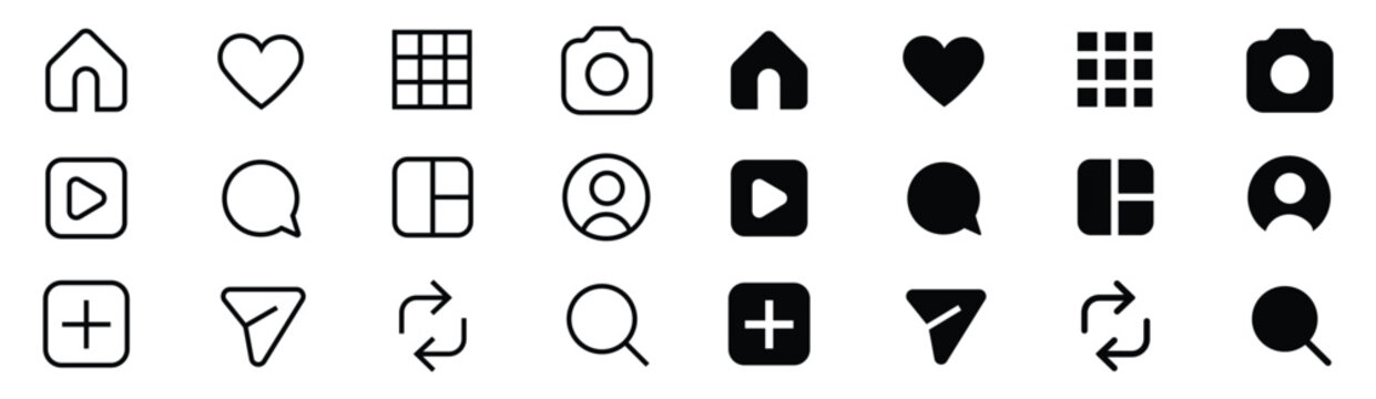 Social Media Interface Icon Set with Home, Camera, Search, Profile, Like, Comment, Share and Notification Symbols. Modern Line Icons. Vector Set EPS 10