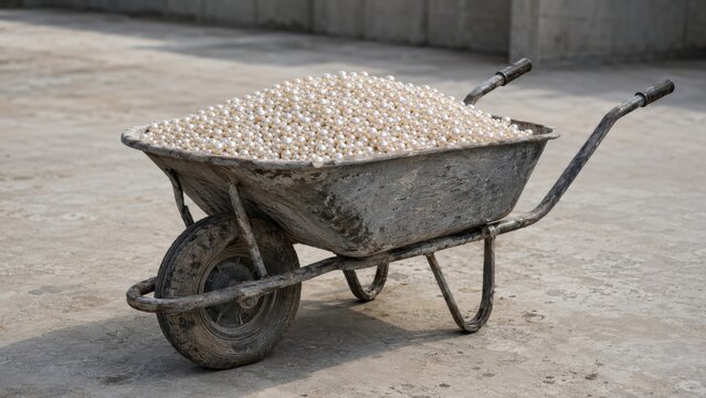 A pile of pearls inside a metal wheelbarrow standing on a concrete floor.
