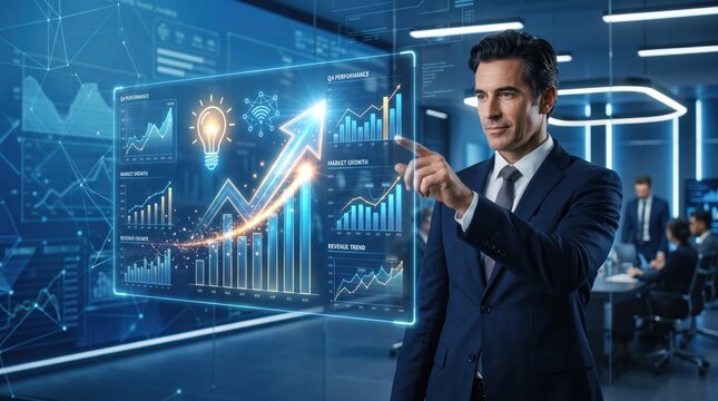 Executive businessman touching hologram screen, q4 performance review, revenue trend graph, market growth analysis, corporate strategy meeting, modern office environment