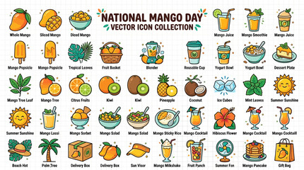 Fototapeta premium Comprehensive Vector Icon Collection Featuring Mango Fruits Tropical Foods and Refreshing Summer Beverages Isolated on White