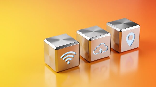 Metallic cubes with wifi, cloud upload and location icons on orange gradient representing connectivity technology digital services network infrastructure modern communication