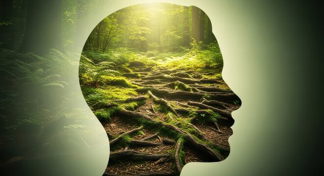 A contemplative profile with a forest scene symbolizing mental health, nature connection, and inner peace.