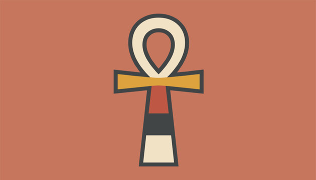 Beautiful stylized Egyptian ankh cross symbol in gold, red, and black colors isolated on a warm terracotta background.