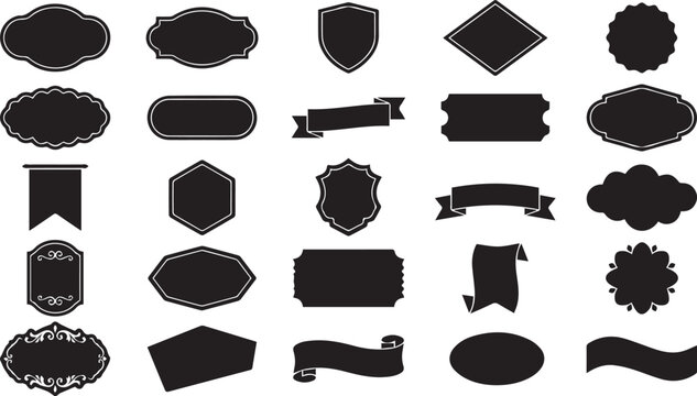 A collection of various vintage style decorative labels and banners in black silhouette isolated on a plain white background surface