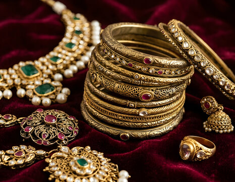 Traditional South Asian brass and gold bangles with antique jewelry