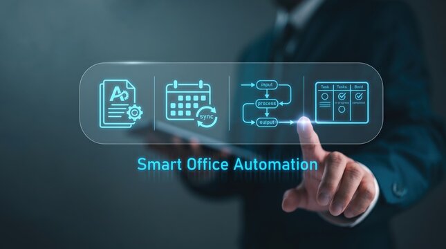 Smart office automation concept with digital interface, business process workflow icons, input output sync, calendar scheduling, task management dashboard on tablet screen.