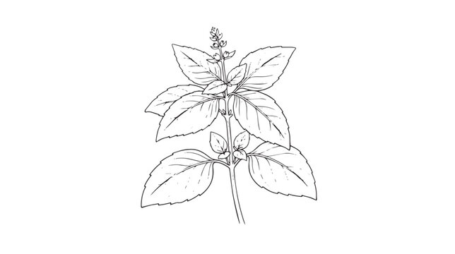Vintage basil herb sketch vector, hand drawn botanical basil plant illustration, black and white culinary herb drawing for kitchen branding isolated on White Background