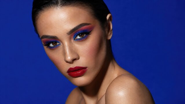 Young woman wearing bold makeup for a close portrait against a vibrant blue background representing beauty.