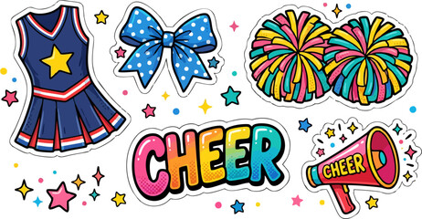 Fototapeta premium Colorful Cheerleading Sticker Bundle with Navy Blue Uniform Dress, Polka Dot Hair Bow, Rainbow Pom Poms, Cheer Text and Megaphone — Cheerleader Cartoon Vector Illustration