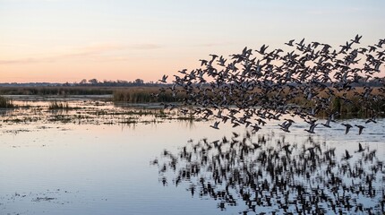 Naklejka premium Large flock of migratory birds flying low over a wetland at dawn with water reflections visible. Nature photo for conservation and environmental publication marketing.