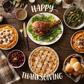 A festive top down view of a traditional thanksgiving dinner table spread with roasted turkey dishes
