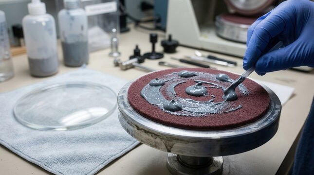 Precision Optical Lens Polishing Process in a Scientific Laboratory Setting with Specialized Abrasive Compounds for High-Quality Surface Preparation and Material Analysis
