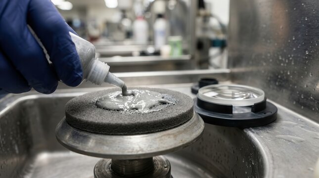 Industrial Craftsmanship Scene Featuring Specialized Chemical Abrasives for High-Quality Surface Refinement in a Professional Laboratory