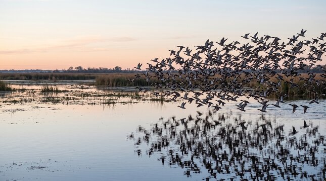 Large flock of migratory birds flying low over a wetland at dawn with water reflections visible. Nature photo for conservation and environmental publication marketing.