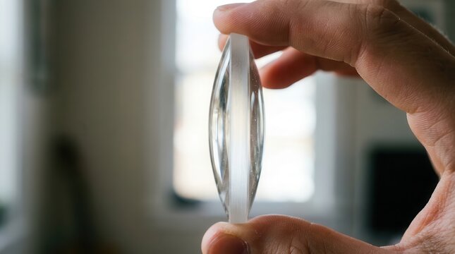 Precision Optical Glass Lens Held Between Fingers