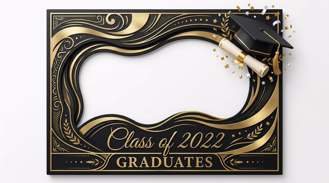 Dark luxury graduation photobooth frame template featuring ornate gold swirls, a graduation cap (mortarboard), diploma, confetti, and Class of 2022 typography.
