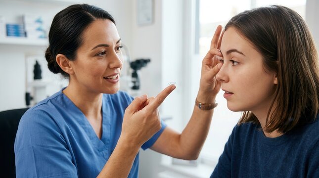 Optometrist demonstrating how to insert a contact lens to a young female patient in an eye care clinic