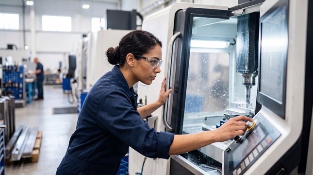 A young woman operator working inside a modern factory with a large cnc machine in an industrial setting.