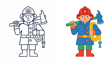 Fototapeta premium Firefighter cartoon with axe and hose