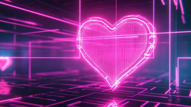 A glowing pink heart signifies love or passion amidst a neon cybernetic grid.
