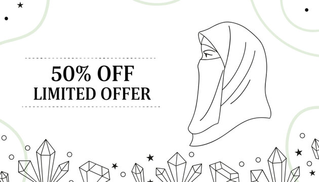 Elegant line art banner of a Muslim woman in a niqab with crystals, featuring text for a fifty percent off limited discount offer.