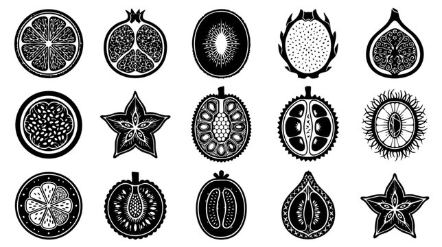 Exotic Tropical Fruits Cross Section Icons Set. Black and White Vector Illustration.