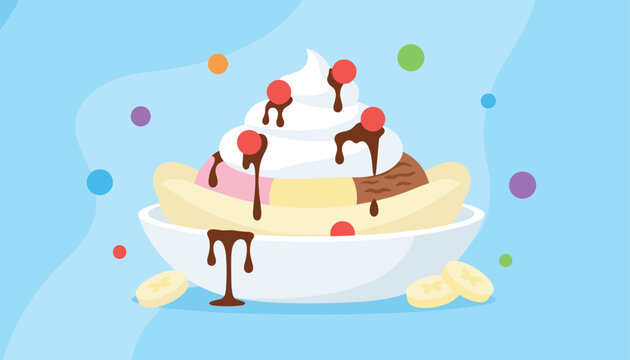 Mouth watering banana split dessert served in a bowl, topped with scoops of ice cream, whipped cream, chocolate syrup, and cherries.