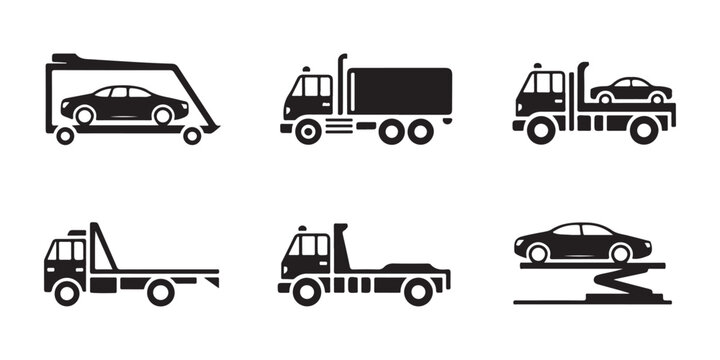 Set of towing service truck icons with car transport vehicle types isolated on transparent background.