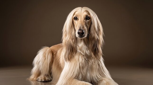 An elegant golden dog breed known as an afghan hound resting calmly inside a dark studio.
