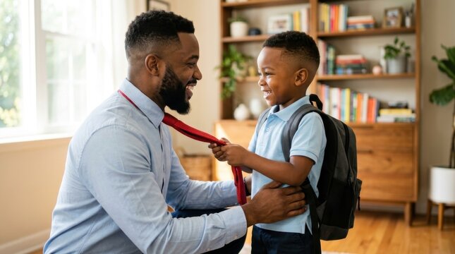 Happy African American father helping his young son get ready for school at home, both smiling and bonding while the boy wears a backpack and the dad adjusts a tie, perfect for family concepts always.