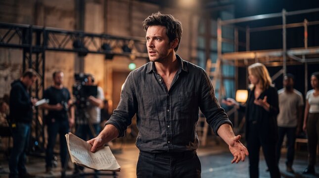 Actor holding script rehearsing scene on stage with film crew and cast members watching.